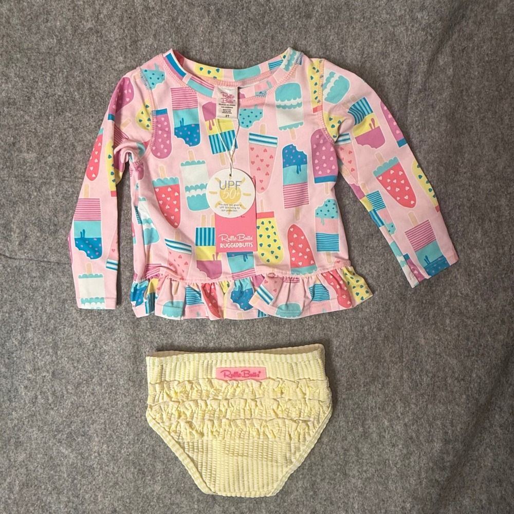 RuffleButts NWT Ice Cream Social Girls 2T Rash Guard Bikini Set Pink Popsicle